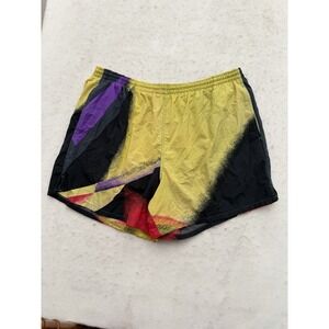 VTG Nylon Mesh Lined Trunks Shorts Mens XL Gold Purple 5" Inseam 90s Airbrush